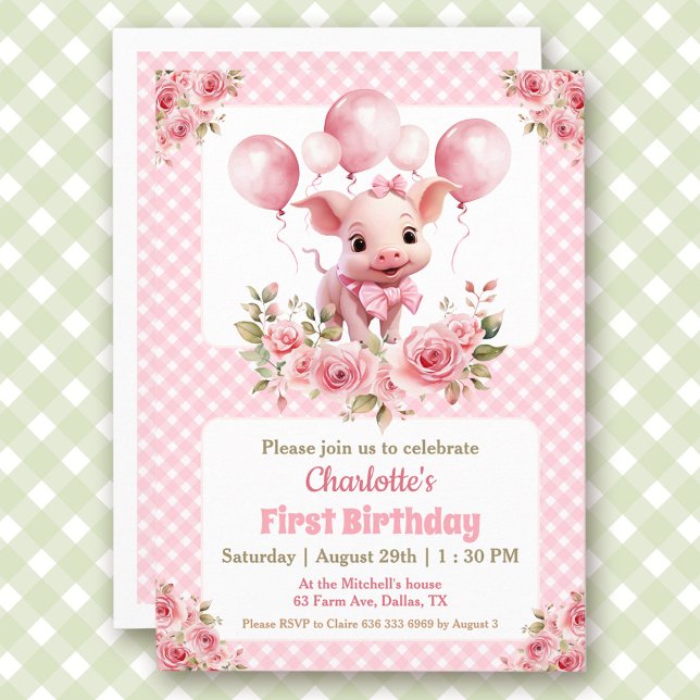 Rosa Cute Piggy Farm ThBäste flicka 1:a födelsedag Inbjudningar (Pink Cute Piggy Farm Themed Girl 1st Birthday Invitation)