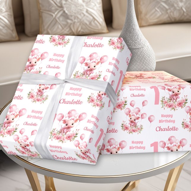 Rosa Cute Piggy Farm ThBäste flicka 1:a födelsedag Presentpapper (Pink Cute Piggy Farm Themed Girl 1st Birthday Wrapping Paper)