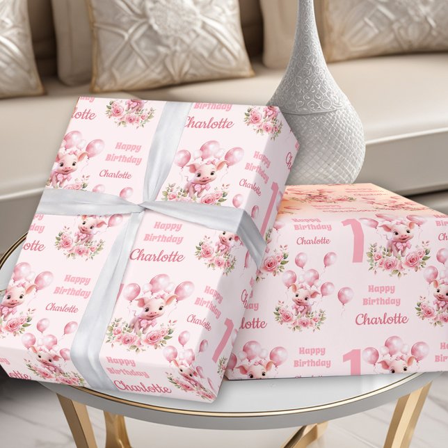 Rosa Cute Piggy Rosa Farm Girl 1 Birthday Presentpapper (Pink Cute Piggy Pink Farm Girl 1st Birthday Wrapping Paper)
