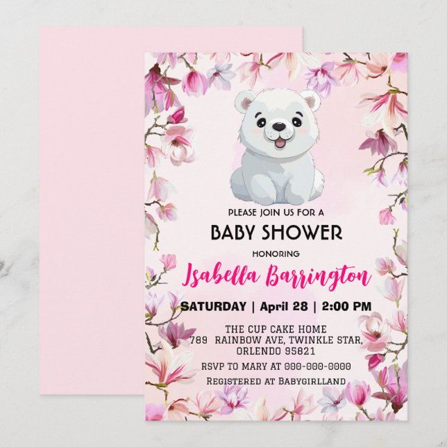 Rosa Cute Polar Bear vild blommor babyduschbarn Inbjudningar (Fram/baksida)
