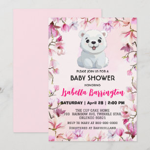 Rosa Cute Polar Bear vild blommor babyduschbarn Inbjudningar