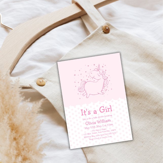 Rosa Cute Polka Dot Unicorn Girl Baby Shower Inbjudningar (Pink Cute Polka Dot Unicorn Girl Baby Shower Invitation)