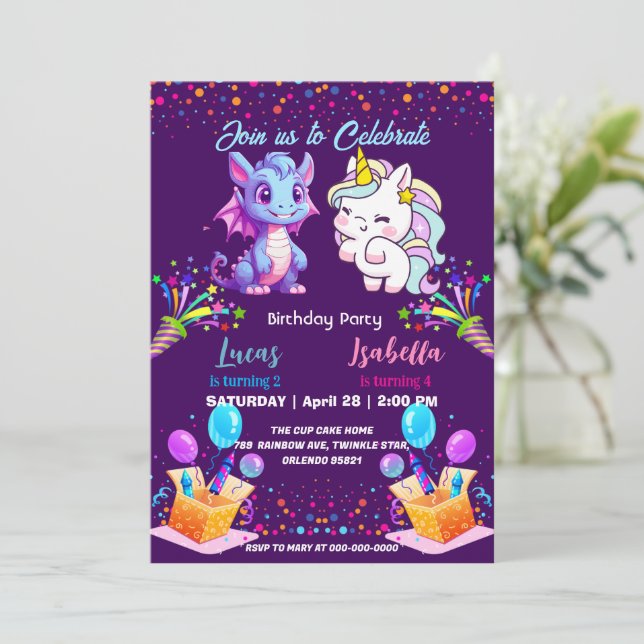 Rosa Cute Rainbow Unicorn dinosaurs 2:a födelsedag Inbjudningar (Stående Fram)