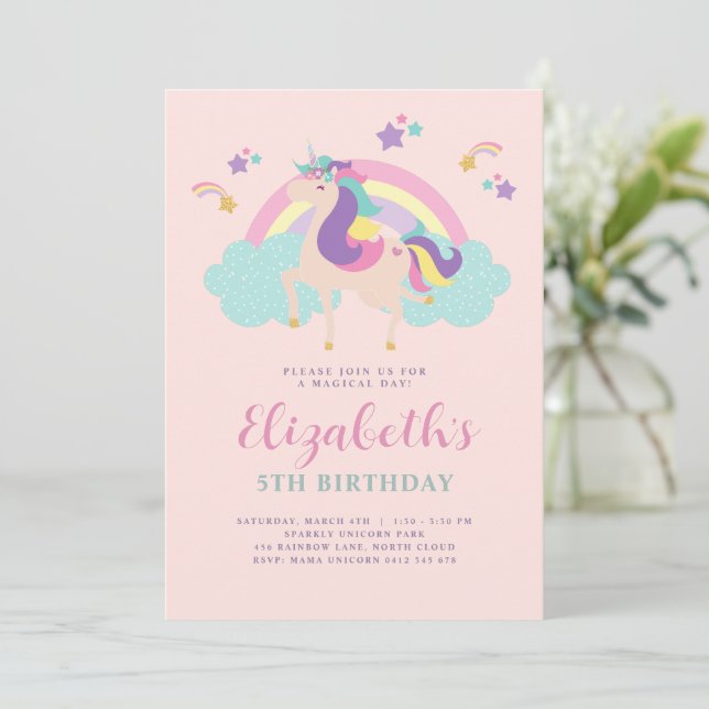 Rosa | Cute Rainbow Unicorn Personlig Birday Inbjudningar (Stående Fram)