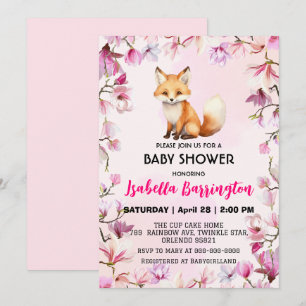 Rosa Cute Red fox vild blommor babyduschbarn Inbjudningar
