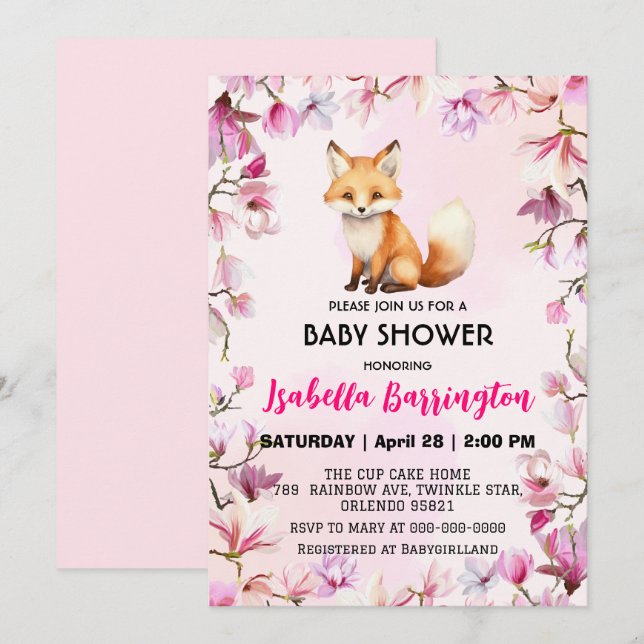 Rosa Cute Red fox vild blommor babyduschbarn Inbjudningar (Fram/baksida)