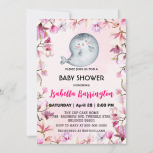 Rosa Cute-sälen lejon blommigt babyduschunge för Inbjudningar
