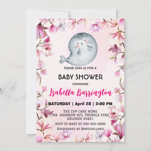 Rosa Cute-sälen lejon blommigt babyduschunge för   Inbjudningar (Framsida)