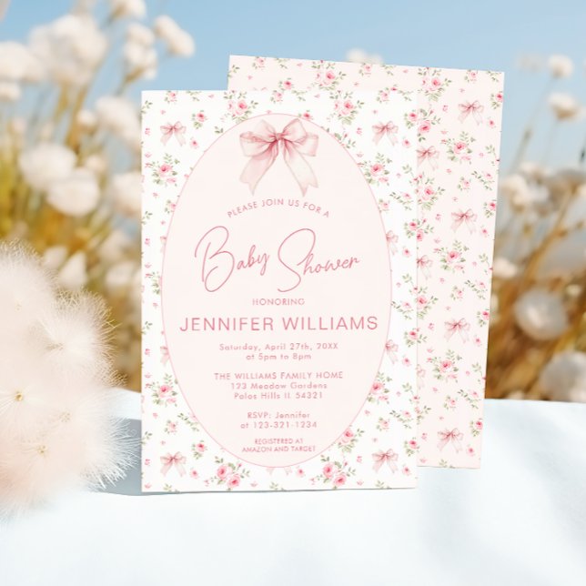 Rosa Cute Shabby chic Ro Bow Flicka Shower Inbjudningar (Skapare uppladdad)