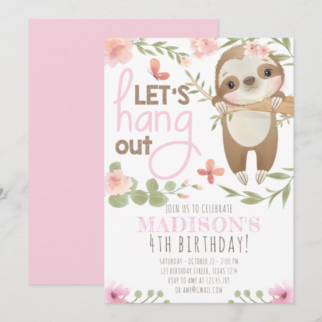 Rosa Cute Sloth Girl Birthday-inbjudan Inbjudningar (Fram/baksida)