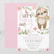 Rosa Cute Sloth Girl Birthday-inbjudan