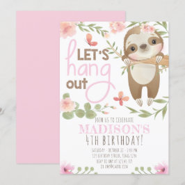 Rosa Cute Sloth Girl Birthday-inbjudan Inbjudningar