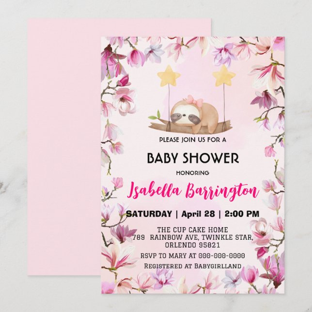 Rosa Cute sloth söta drömblomsterbarn duschunge Inbjudningar (Fram/baksida)