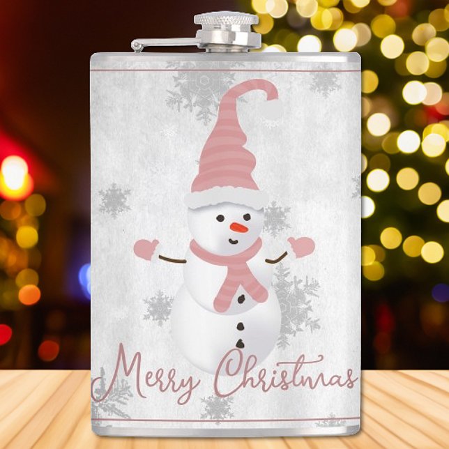 Rosa Cute Snögubbe Helgdag-kolv Fickplunta (Pink Cute Snowman Holiday Flask)
