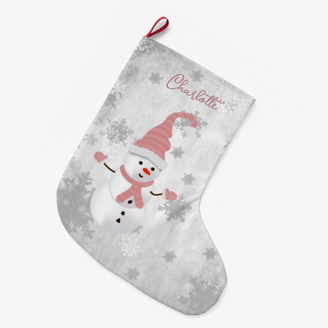 Rosa Cute Snögubbe Helgdag Stocking Stor Julstrumpa (Framsidan (Hängande))