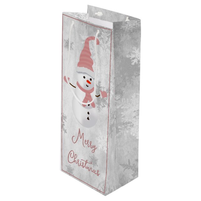 Rosa Cute Snögubbe Helgdag Vin Gift Bag (Framsidan Vinklad)