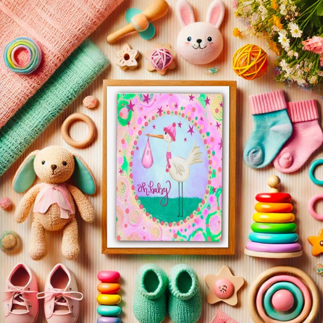 Rosa Cute Stork Whimsical Oh Flicka Kort (Skapare uppladdad)