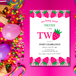 Rosa Cute Strawberry Berry Sweet 2:a födelsedagen Inbjudningar