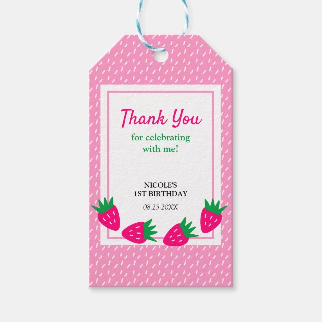 Rosa Cute Strawberry Girl Birthday Tack Presentetikett (Framsidan)