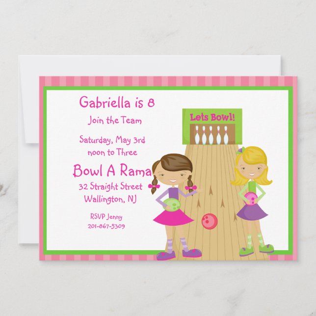 Rosa, Cute, Stripe Girl Bowling Party-inbjudan Inbjudningar (Framsida)