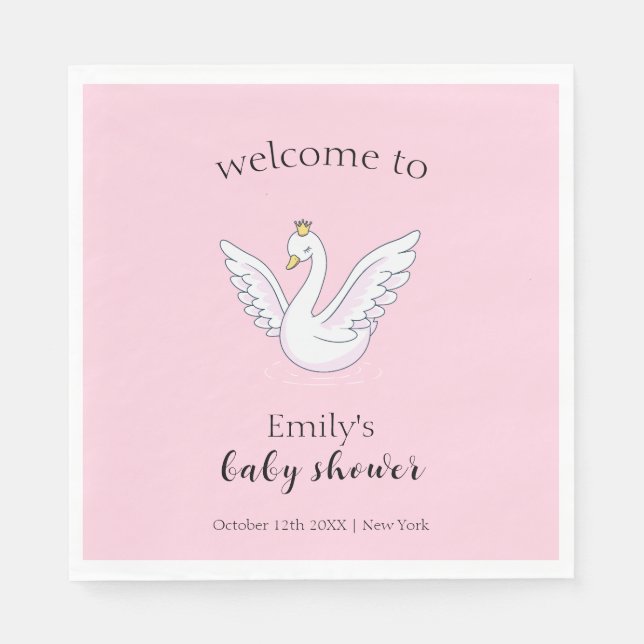 Rosa Cute Sweet Princess Svan Baby Shower Välkomme Pappersservett (Framsidan)
