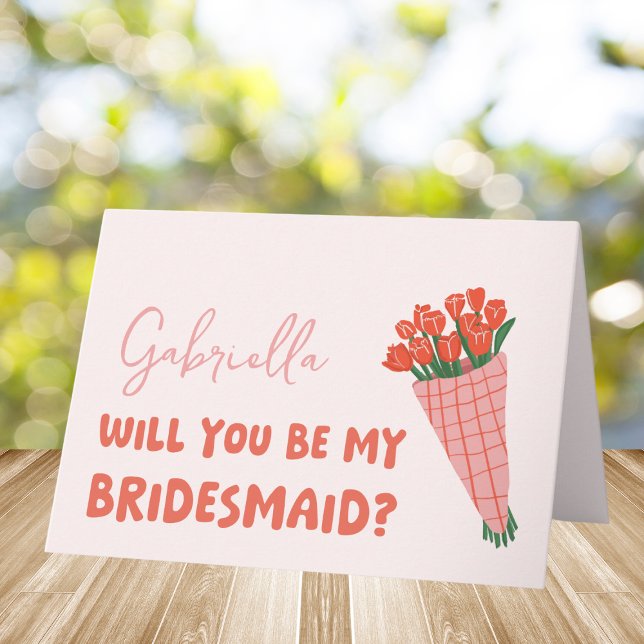 Rosa Cute Tulip blir min Bridesmaid Frieri Kort (Pop the question to your bridesmaid with this adorable card! A perfect blend of florals and charm.)