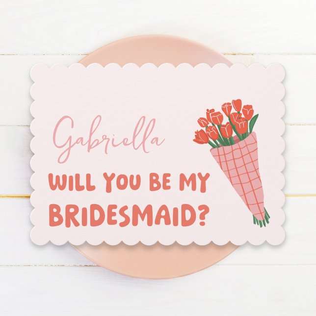 Rosa Cute Tulip blir min Bridesmaid Frieri Kort ( Delightfully sweet scalloped-edge card with a tulip bouquet, perfect for your bridesmaid proposal.)