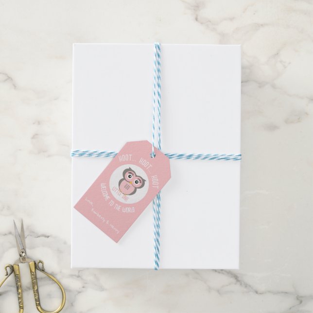 Rosa Cute Uggla Hoot Hoot Välkommen till världen Presentetikett (Med Snöre)
