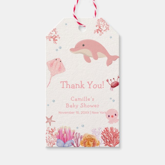 Rosa Cute under Sea Dolphin Girl Baby Shower Presentetikett (Framsidan)