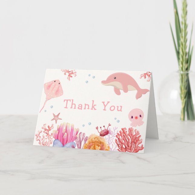 Rosa Cute under Sea Dolphin Girl Baby Shower Tack Kort (Framsida)