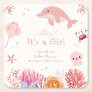 Rosa Cute under Sea Dolphin Girl Baby Shower Underlägg Papper Kvadrat