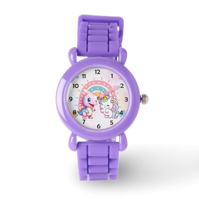 Rosa Cute Unicorn dinosaurs regnbåge Födelsedagsfe Armbandsur (Framsida)