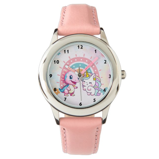 Rosa Cute Unicorn dinosaurs regnbåge Födelsedagsfe Armbandsur (Framsida)