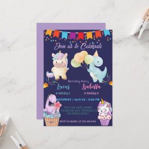 Rosa Cute Unicorn dinosaurs regnbåge Födelsedagsfe Inbjudningar