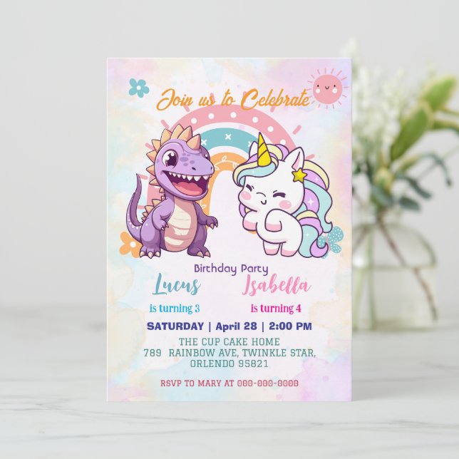 Rosa Cute Unicorn dinosaurs regnbåge Födelsedagsfe Inbjudningar (Stående Fram)