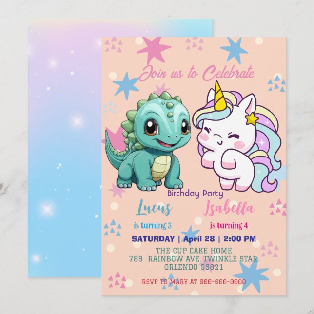 Rosa Cute Unicorn dinosaurs regnbåge Födelsedagsfe Inbjudningar (Fram/baksida)