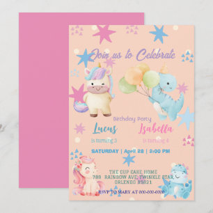 Rosa Cute Unicorn dinosaurs regnbåge Födelsedagsfe Inbjudningar