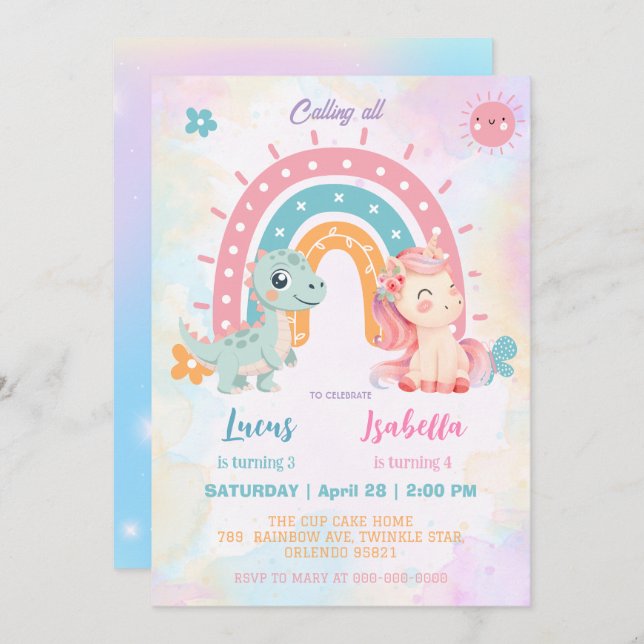 Rosa Cute Unicorn dinosaurs regnbåge Födelsedagsfe Inbjudningar (Fram/baksida)
