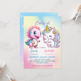 Rosa Cute Unicorn dinosaurs regnbåge Födelsedagsfe Inbjudningar