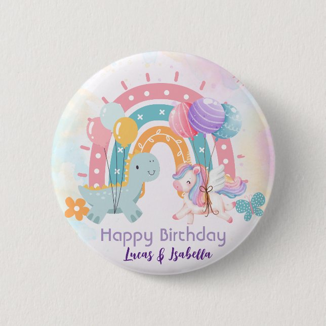 Rosa Cute Unicorn dinosaurs regnbåge Födelsedagsfe Knapp (Framsida)