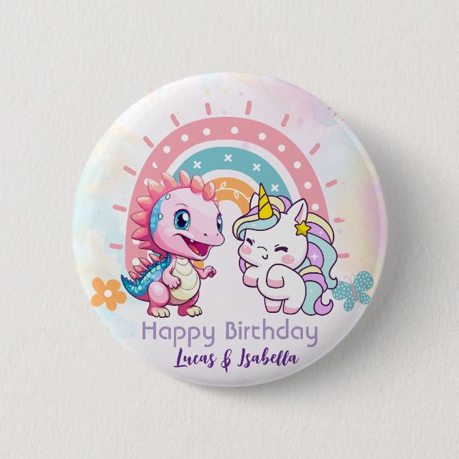 Rosa Cute Unicorn dinosaurs regnbåge Födelsedagsfe Knapp (Framsida)