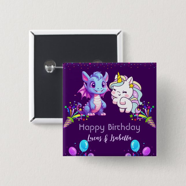 Rosa Cute Unicorn dinosaurs regnbåge Födelsedagsfe Knapp (Framsida & baksida)