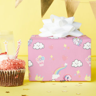 Rosa Cute Unicorn dinosaurs regnbåge Födelsedagsfe Presentpapper