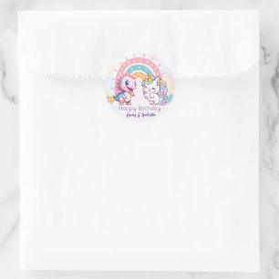 Rosa Cute Unicorn dinosaurs regnbåge Födelsedagsfe Runt Klistermärke
