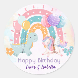 Rosa Cute Unicorn dinosaurs regnbåge Födelsedagsfe Runt Klistermärke
