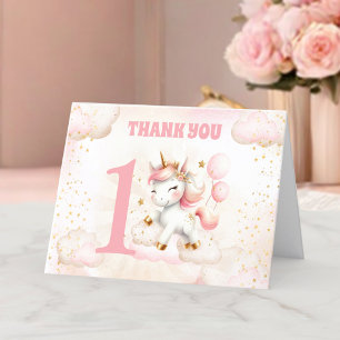Rosa Cute Unicorn Girl 1:a födelsedagen - tack för Kort