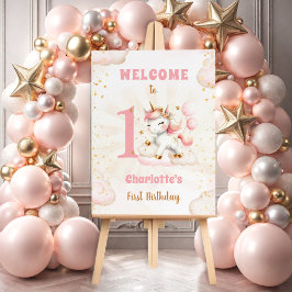 Rosa Cute Unicorn Girl 1:a födelsedagen Välkomna