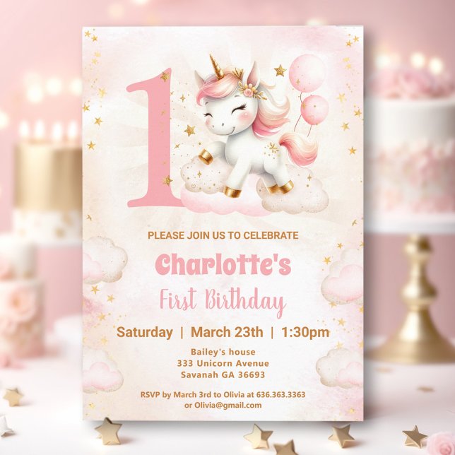 Rosa Cute Unicorn Girl 1:a födelsedagsinbjudan Inbjudningar (Pink Cute Unicorn Girl 1st Birthday Invitation)