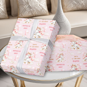 Rosa Cute Unicorn Girl 1st Birthday Namn Presentpapper