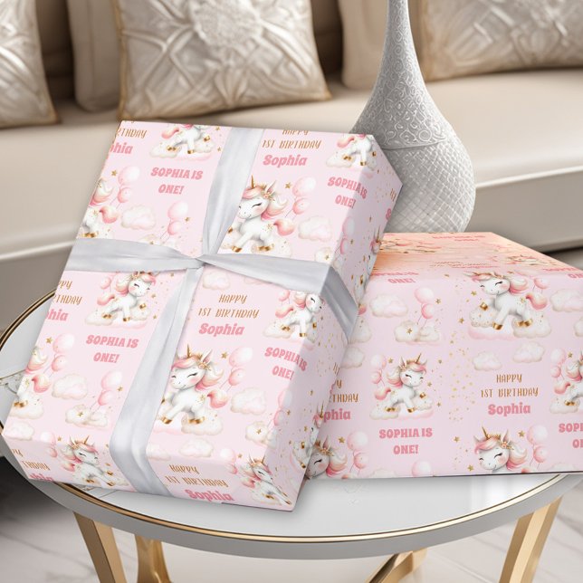 Rosa Cute Unicorn Girl 1st Birthday Namn Presentpapper (Pink Cute Unicorn Girl 1st Birthday Name Wrapping Paper)